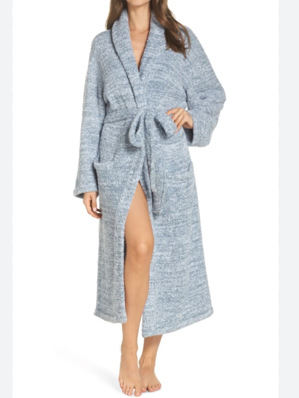 Barefoot Dreams Cozy Long Blue White Belted Robe Pockets size 3 US 1X
